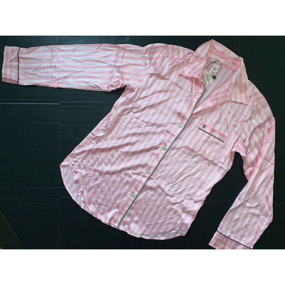 Victoria's Secret 32B,34C BRA SET+PJ SHIRT Pink Black EYELET embroidered STRIPED - Picture 7 of 8